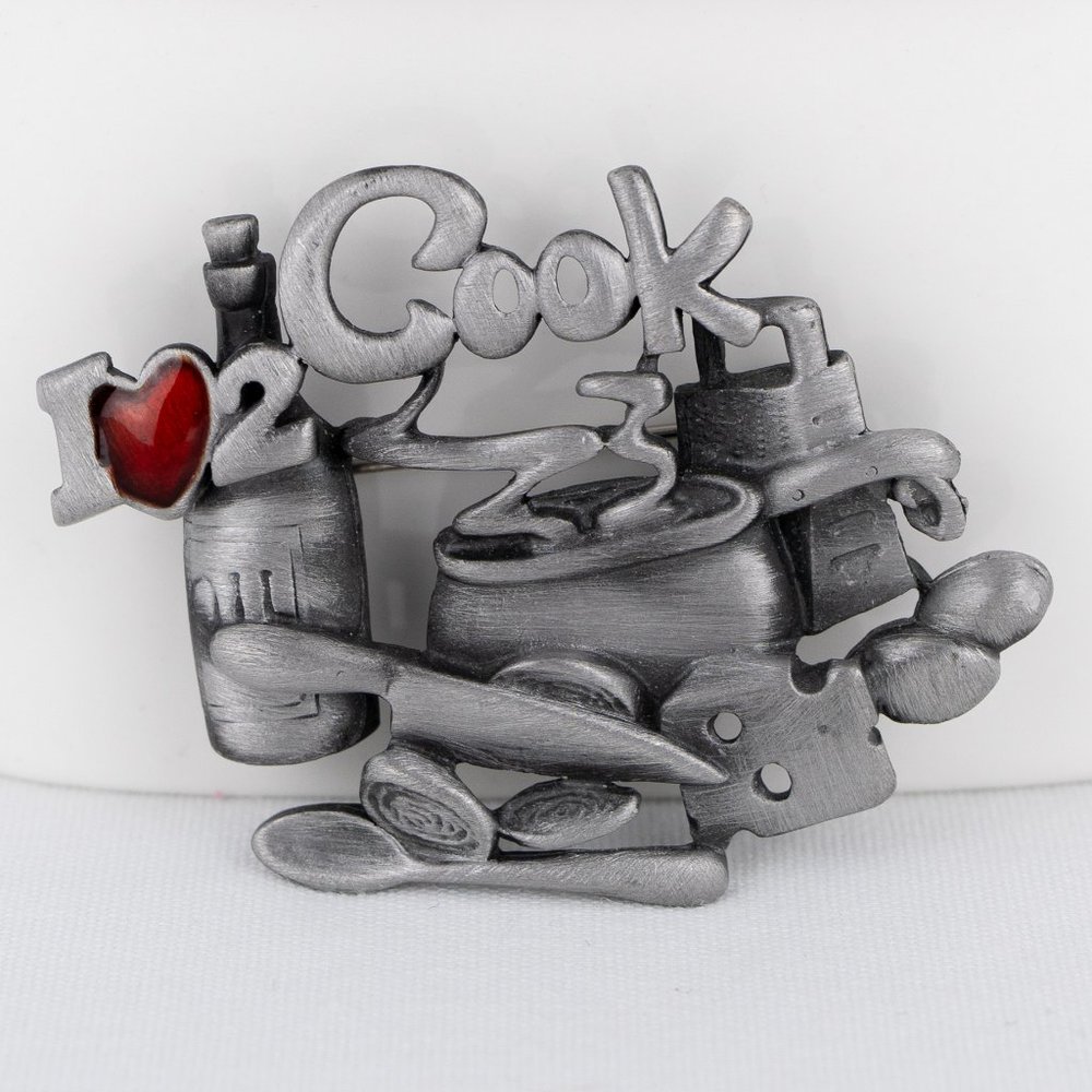 I Love to Cook Pewter Brooch Pin Danecraft Marked Gunmetal Heart <3 Kitchen Chef
